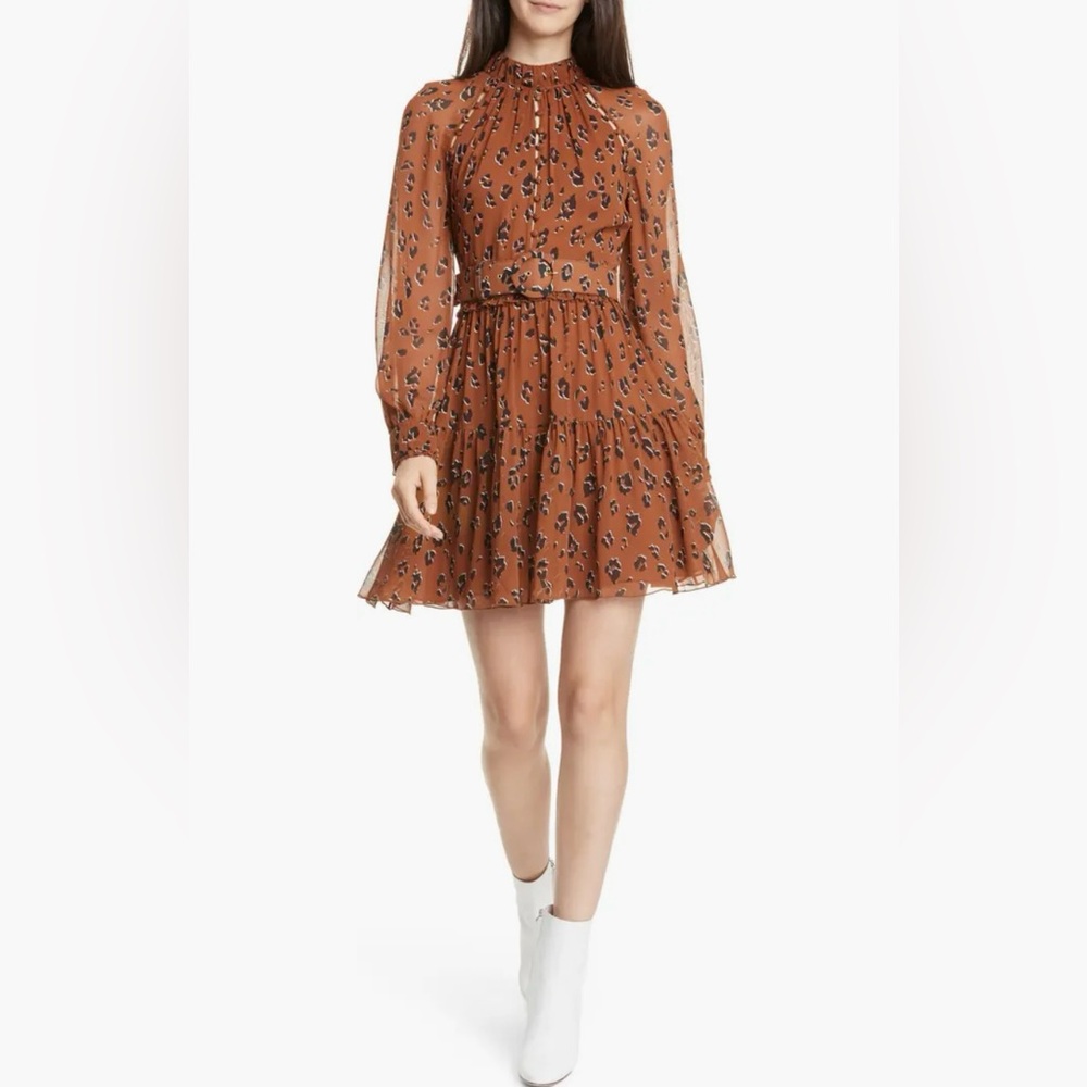 NICHOLAS Leopard Print Long Sleeve Belted Silk Minidress